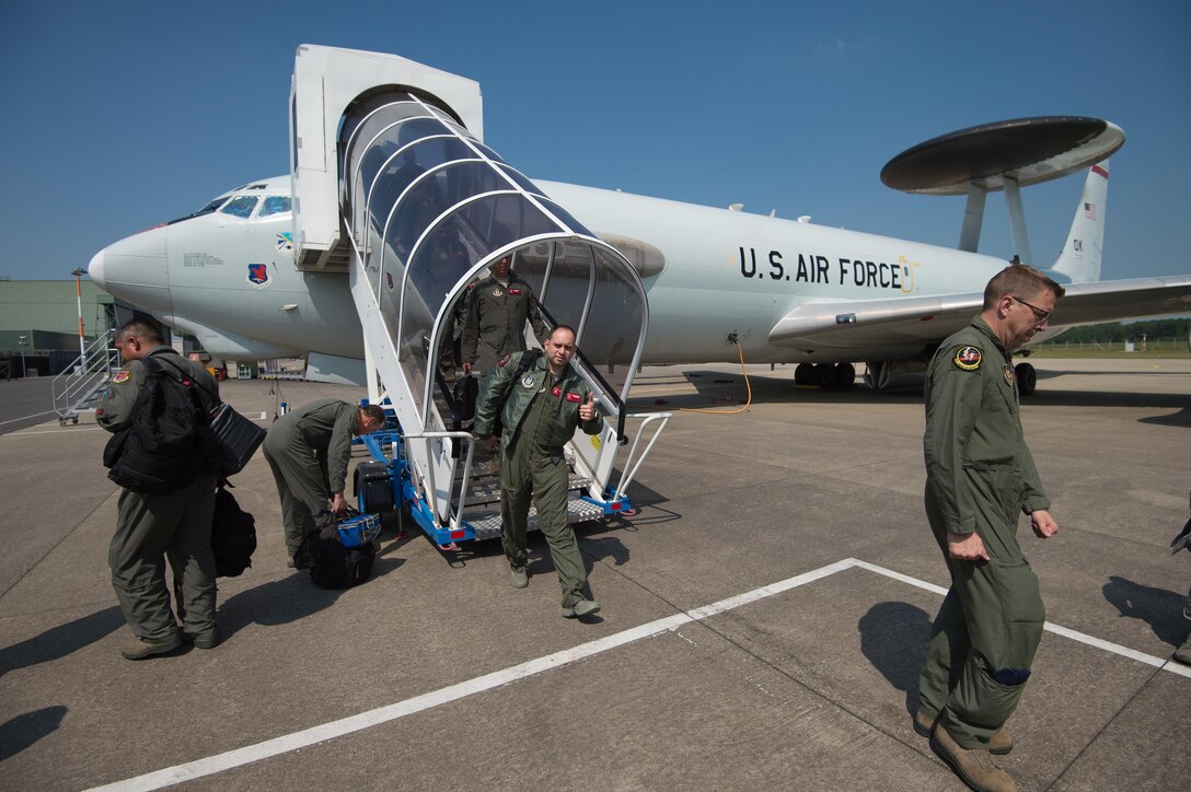 Air Force reservists from the 513th Air Control Group arrive at NATO Air Base Geilenkirchen, Germany, via an E-3 Sentry Airborne Warning and Control System aircraft, June 1, 2017. Air Force photo by 2nd Lt. Caleb Wanzer