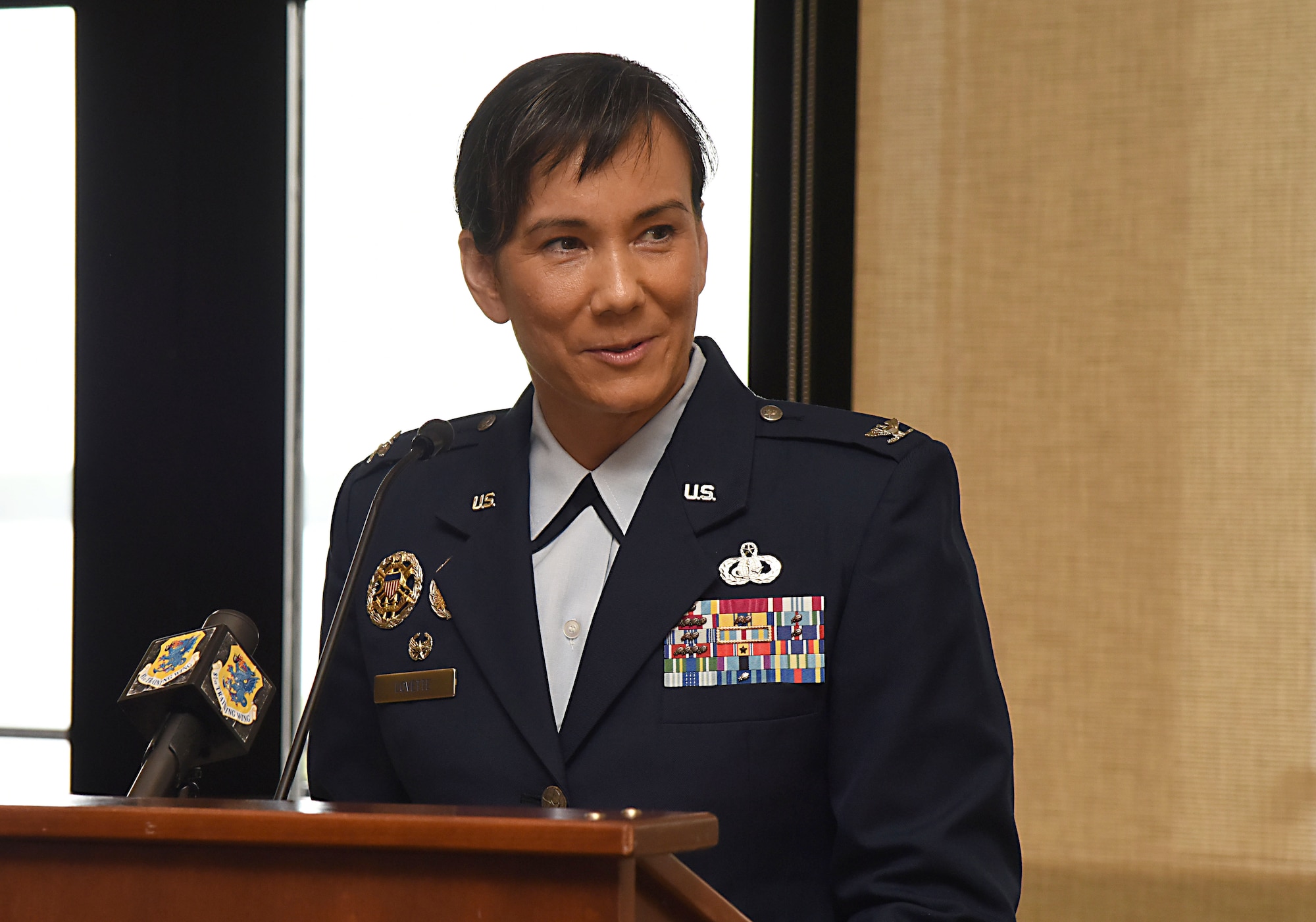 Col. Debra Lovette, 81st Training Wing commander, gives her speech during a change of command ceremony at the Bay Breeze Event Center June 2, 2017, on Keesler Air Force Base, Miss. Lovette assumed command from Col. Michele Edmondson. (U.S. Air Force photo by Kemberly Groue)