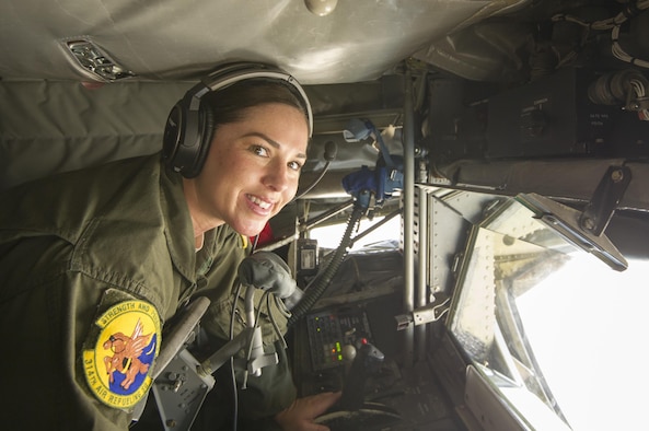 Master Sgt. Lindy M. Campbell, 314th Air Refueling Squadron boom operator, poses for a photo in a KC-135 Stratotanker May 24, 2017, at Beale Air Force Base, California.