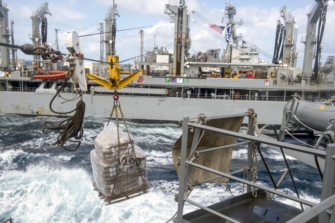 The guided-missile destroyer USS Mustin receives a pallet of supplies from the fleet replenishment oiler USNS Rappahannock during an underway replenishment in the Sea of Japan, May 26, 2017. The Mustin is on patrol supporting security and stability in the Indo-Asia-Pacific region. Navy photo by Petty Officer 2nd Class William Collins III