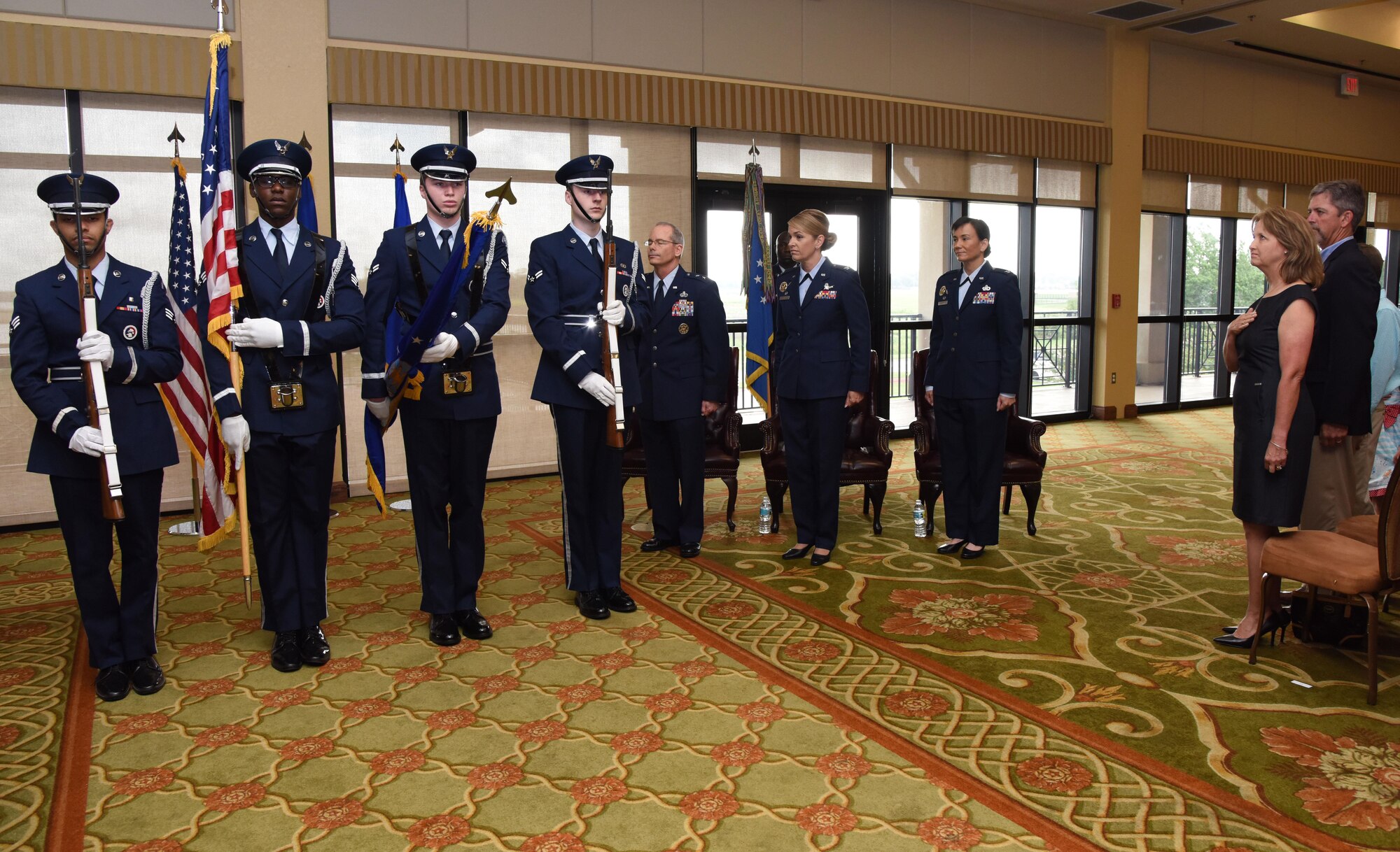 Members of the Keesler Honor Guard present the colors during the 81st Training Wing change of command ceremony at the Bay Breeze Event Center June 2, 2017, on Keesler Air Force Base, Miss. Col. Michele Edmondson passed on command of the 81st TRW to Col. Debra Lovette. (U.S. Air Force photo by Kemberly Groue) 