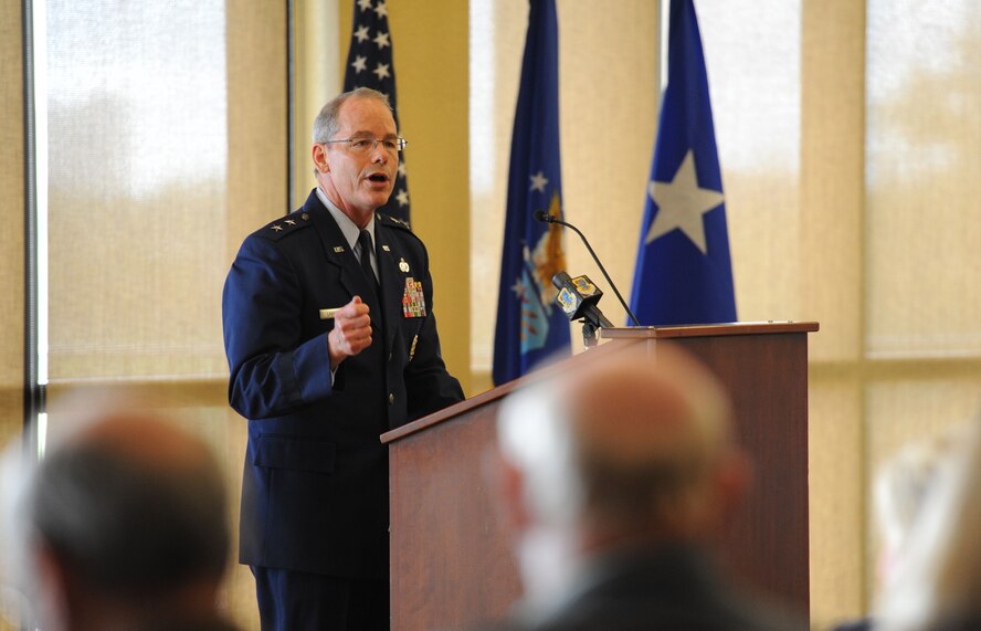 Maj. Gen. Bob LaBrutta, 2nd Air Force commander, delivers remarks during the 81st Training Wing change of command ceremony at the Bay Breeze Event Center June 2, 2017, on Keesler Air Force Base, Miss. Col. Michele Edmondson passed on command of the 81st Training Wing to Col. Debra Lovette. (U.S. Air Force photo by Kemberly Groue)