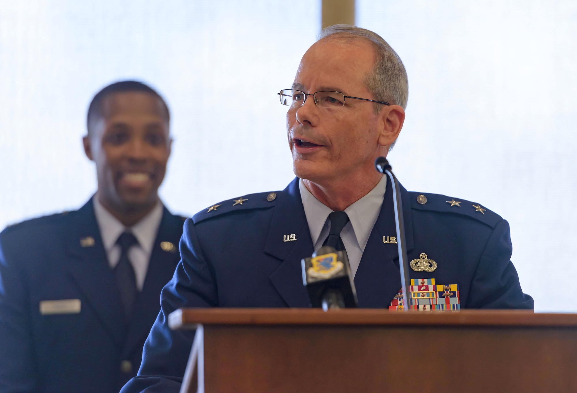 Maj. Gen. Bob LaBrutta, 2nd Air Force commander, delivers remarks during the 81st Training Wing change of command ceremony at the Bay Breeze Event Center June 2, 2017, on Keesler Air Force Base, Miss. Col. Michele Edmondson passed on command of the 81st Training Wing to Col. Debra Lovette. (U.S. Air Force photo by André Askew)