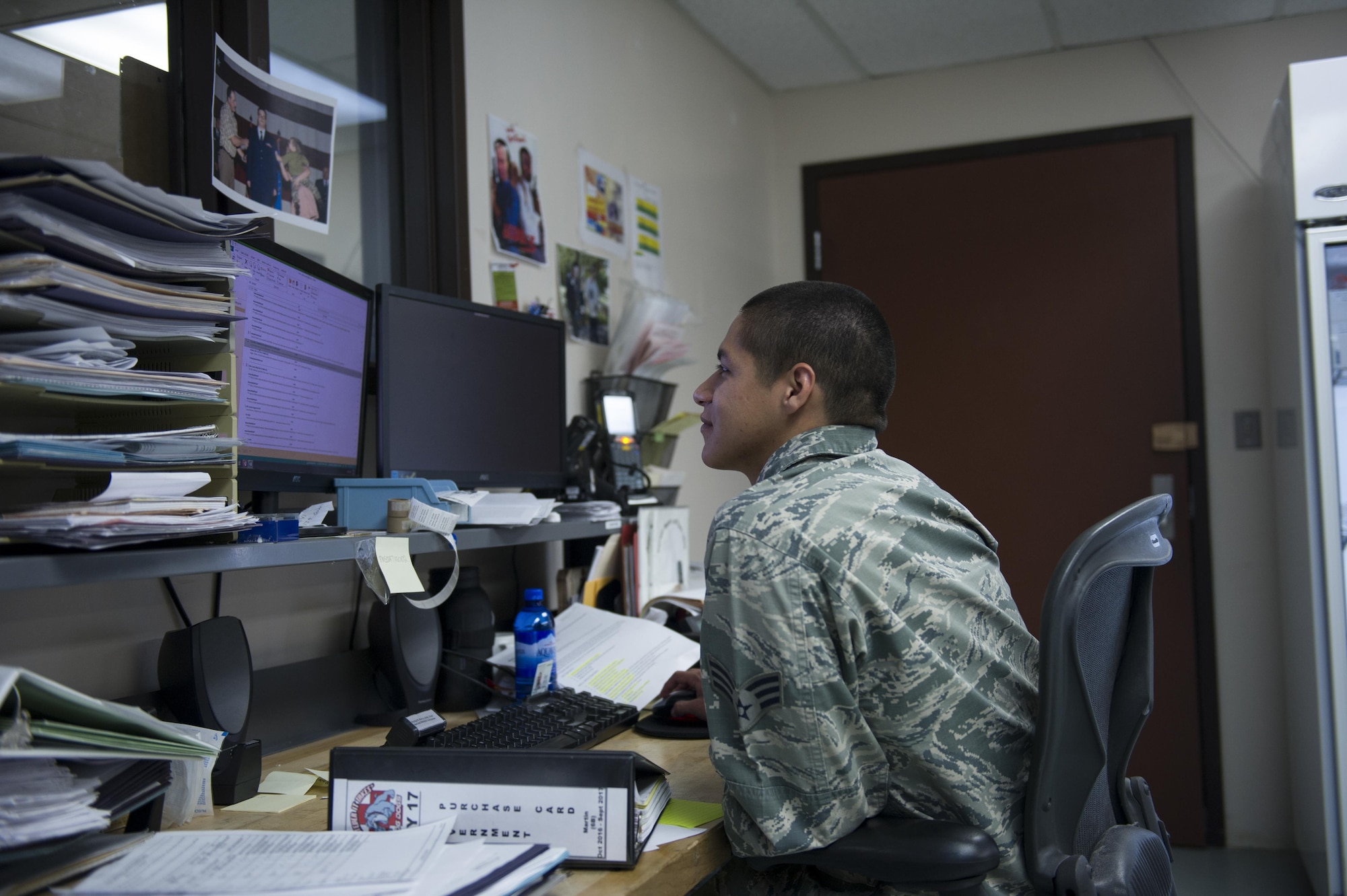 U.S. Air Force Senior Airman Anthony Avalos, a 354th Medical Support Squadron medical materials technician, checks information on his computer June 2, 2017, at Eielson Air Force Base, Alaska. The medical materials flight is responsible for making sure the base medical treatment facility has what is needed to complete the mission. (U.S. Air Force photo by Airman 1st Class Isaac Johnson)