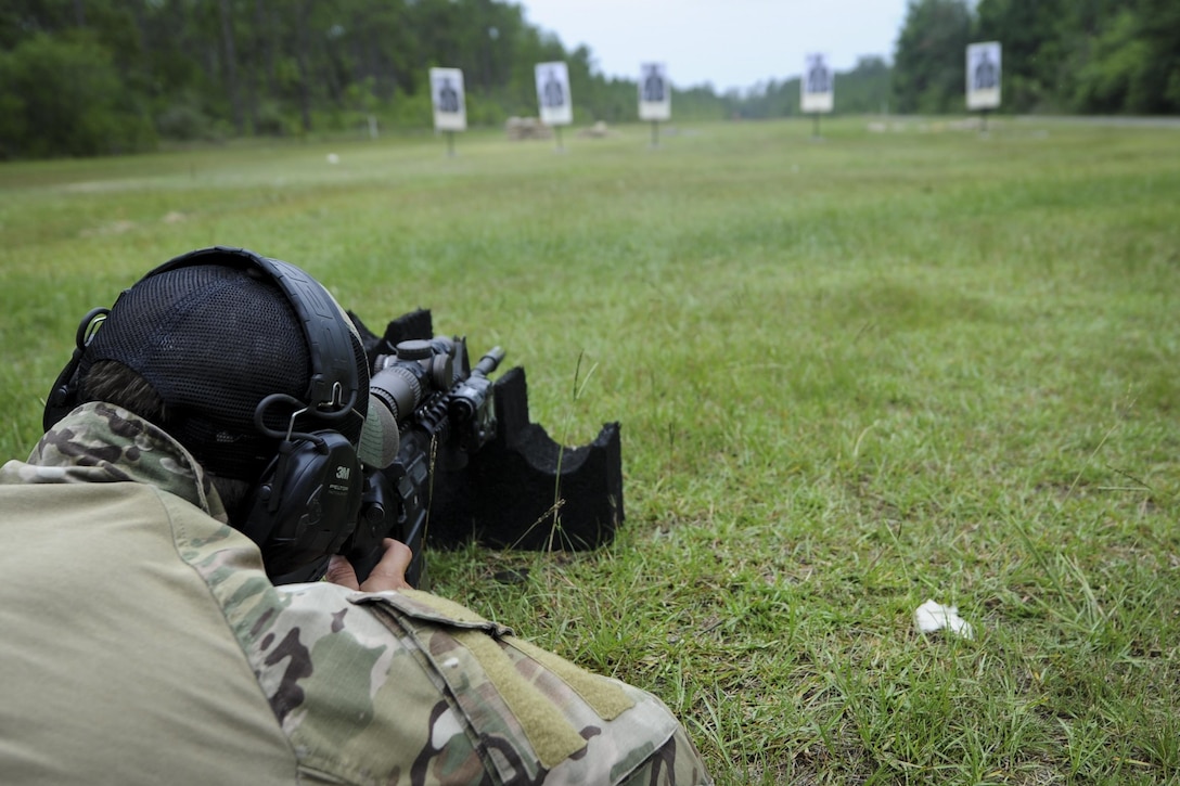 Senior Airman Dylan Hudson, a Deployed Aircraft Ground Response Element medical specialist with the 1st Special Operations Security Forces Squadron, zeros on a target during a training exercise at Hurlburt Field, Fla., June 1, 2017. Zeroing on a target is a sight setting technique on firearms that improves the shooter’s accuracy. (U.S. Air Force photo by Airman 1st Class Dennis Spain)