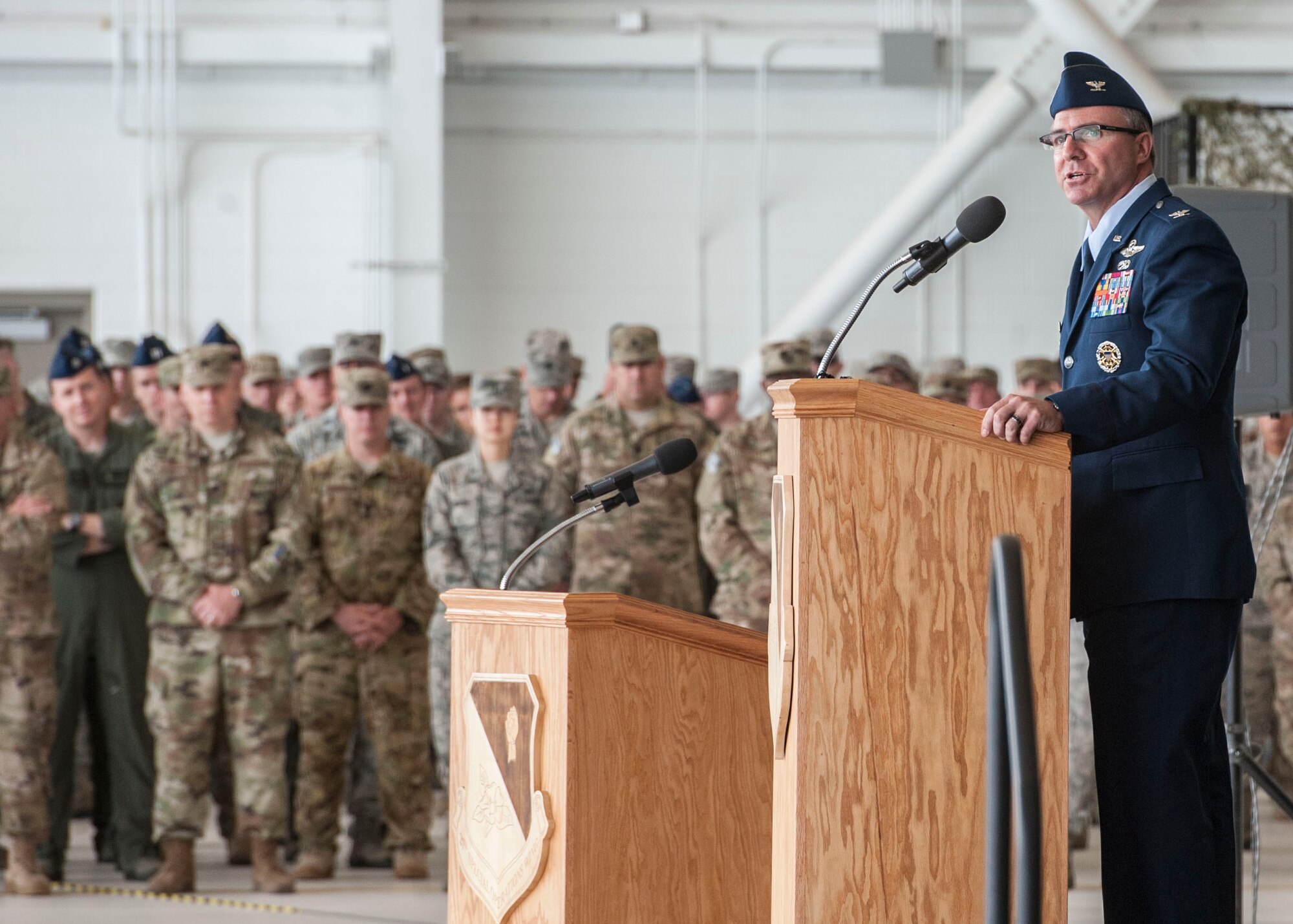 Col. Stewart Hammons, 27th Special Operations Wing commander, speaks to Airmen during the 27th Special Operations Wing change of command ceremony, June 2, 2017 at Cannon Air Force Base, New Mexico. Hammons took command from outgoing commander, Col. Ben Maitre. (U.S. Air Force photo by Tech Sgt. Eboni Reams)