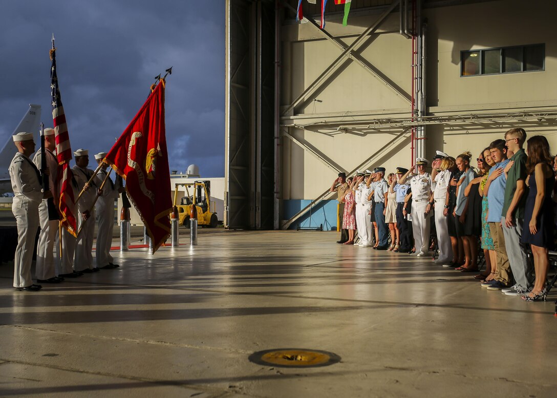 Color guard from Joint Base Pearl Harbor-Hickam present the colors during Patrol Wing Squadron TWO’s disbandment ceremony at Hangar 105 aboard Marine Corps Air Station Kaneohe Bay on May 24, 2017. After 80 years on Oahu, Wing TWO was disestablished and will be reassigned to Wing TEN stationed on Naval Air Station Whidbey Island, Washington. (U.S. Marine Corps photo by Cpl. Zachary Orr)