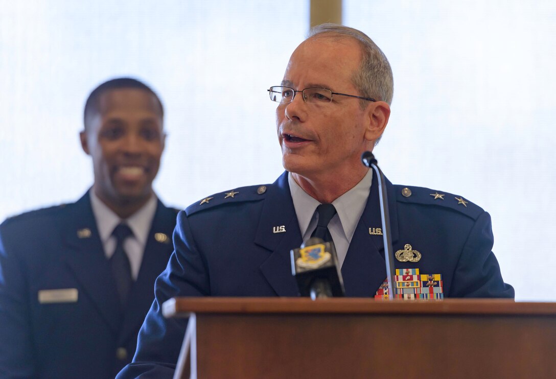 Maj. Gen. Bob LaBrutta, 2nd Air Force commander, delivers remarks during the 81st Training Wing change of command ceremony at the Bay Breeze Event Center June 2, 2017, on Keesler Air Force Base, Miss. Col. Michele Edmondson passed on command of the 81st Training Wing to Col. Debra Lovette. (U.S. Air Force photo by André Askew)