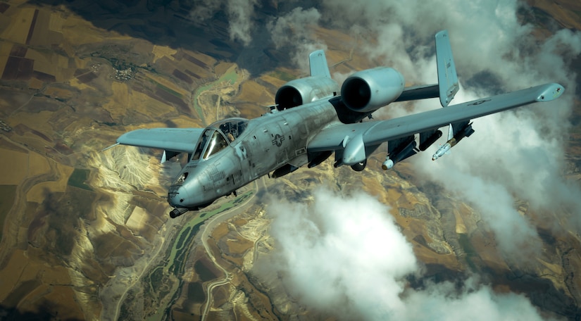 A U.S. Air Force A-10 Thunderbolt II  departs after receiving fuel from a 908th Expeditionary Air Refueling Squadron KC-10 Extender during a flight in support of Operation Inherent Resolve May 31, 2017.The aircraft can loiter near battle areas for extended periods of time and operate in low ceiling and visibility conditions. The wide combat radius and short takeoff and landing capability permit operations in and out of locations near front lines. (U.S. Air Force photo by Staff Sgt. Michael Battles)