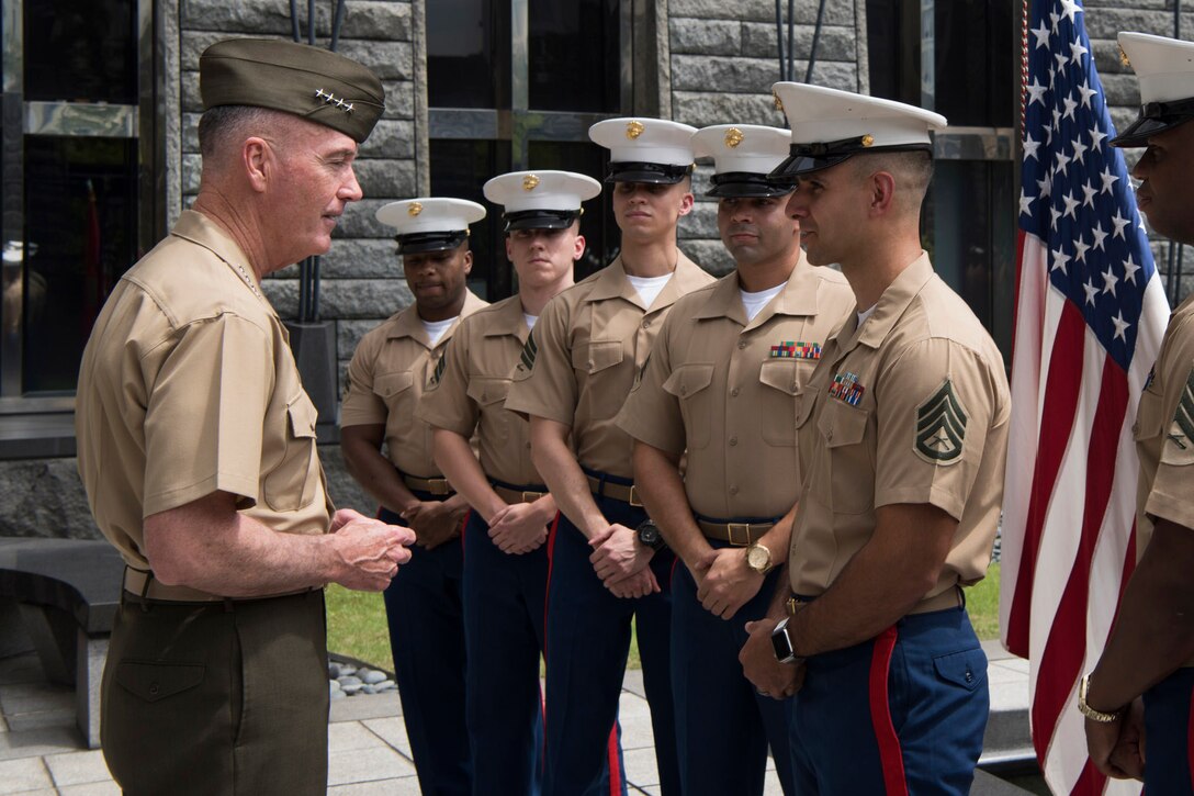 Marine Corps Gen. Joe Dunford, chairman of the Joint Chiefs of Staff, speaks with Marines assigned to the Marine Security Guard Battalion at the U.S. Embassy in Singapore, June 2, 2017. Dunford is in Singapore to attend the Shangri-La Dialogue, an Asia-focused defense summit. DoD photo by Navy Petty Officer 2nd Class Dominique A. Pineiro