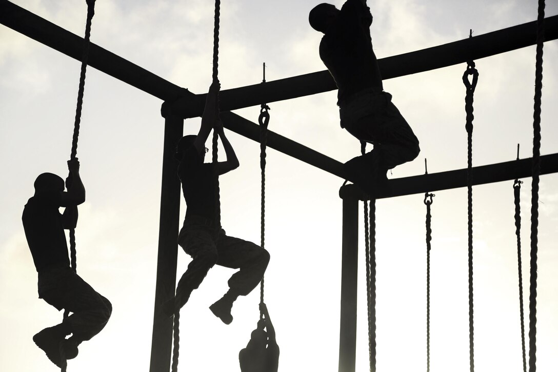 Marine Corps recruits climb ropes while going through an obstacle course at Marine Corps Recruit Depot Parris Island, S.C., May, 20, 2017. The recruits are assigned to Recruit Training Regiment’s 2nd and 4th battalions. Marine Corps photo by Lance Cpl. Colby Cooper