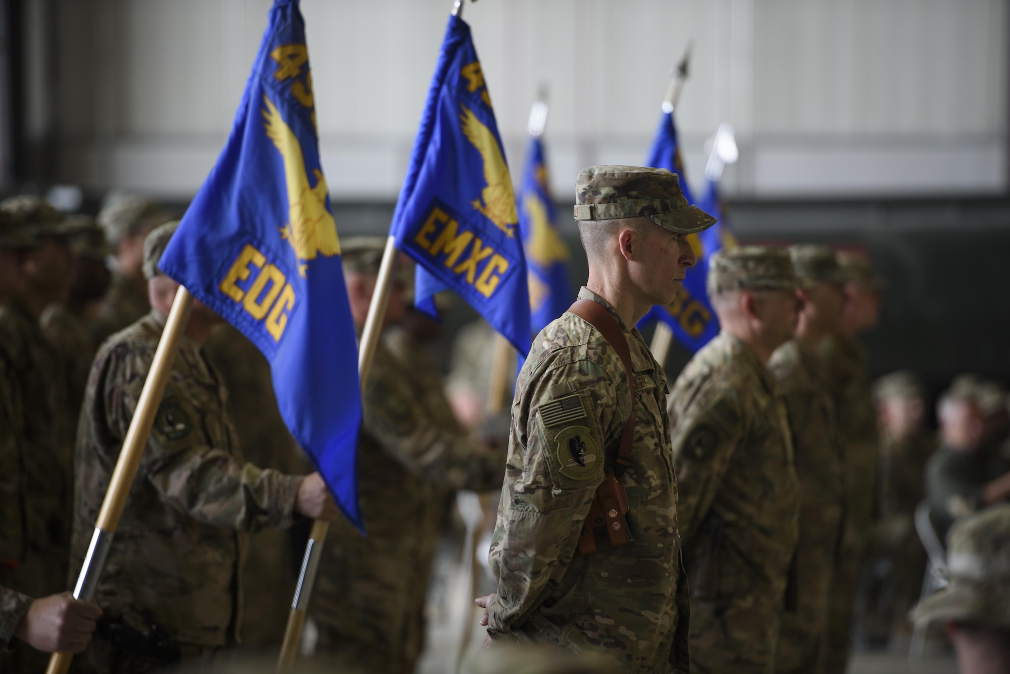 Col. Jason Bailey, the 455th Expeditionary Operations Group commander, stands at parade rest during a change of command ceremony at Bagram Airfield, Afghanistan, June 3, 2017. During the ceremony, Brig. Gen. Jim Sears relinquished command of the 455th Air Expeditionary Wing to Brig. Gen Craig Baker. (U.S. Air Force photo by Staff Sgt. Benjamin Gonsier)