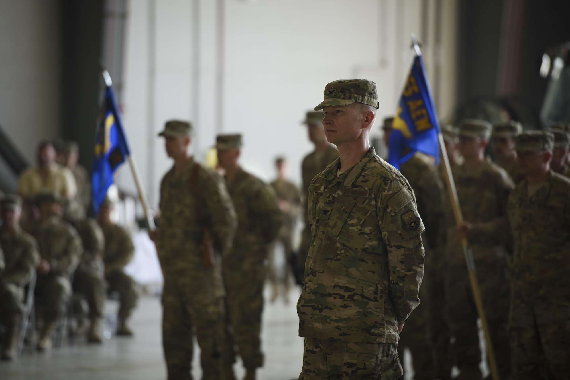 Col. William Burks, the 455th Air Expeditionary Wing vice commander, stands in formation during a change of command ceremony at Bagram Airfield, Afghanistan, June 3, 2017. Bagram Airfield welcomed its new commander, Brig. Gen. Craig Baker. (U.S. Air Force photo by Staff Sgt. Benjamin Gonsier) 