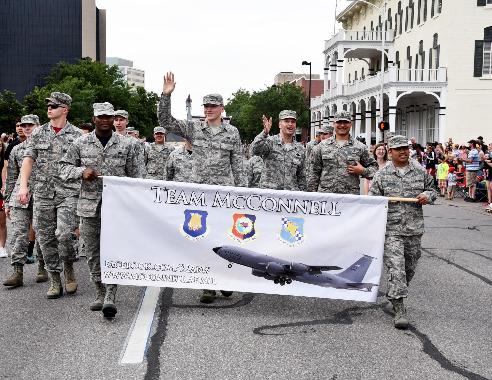 Airmen from Team McConnell participated in the Sundown Parade to help kick off Wichita's 2017 Riverfest celebration, June 2, 2017, Wichita, Kan. Team McConnell members took the opportunity throughout the parade to thank community members for their support. (U.S. Air Force photos by Tech. Sgt. Abigail Klein)
