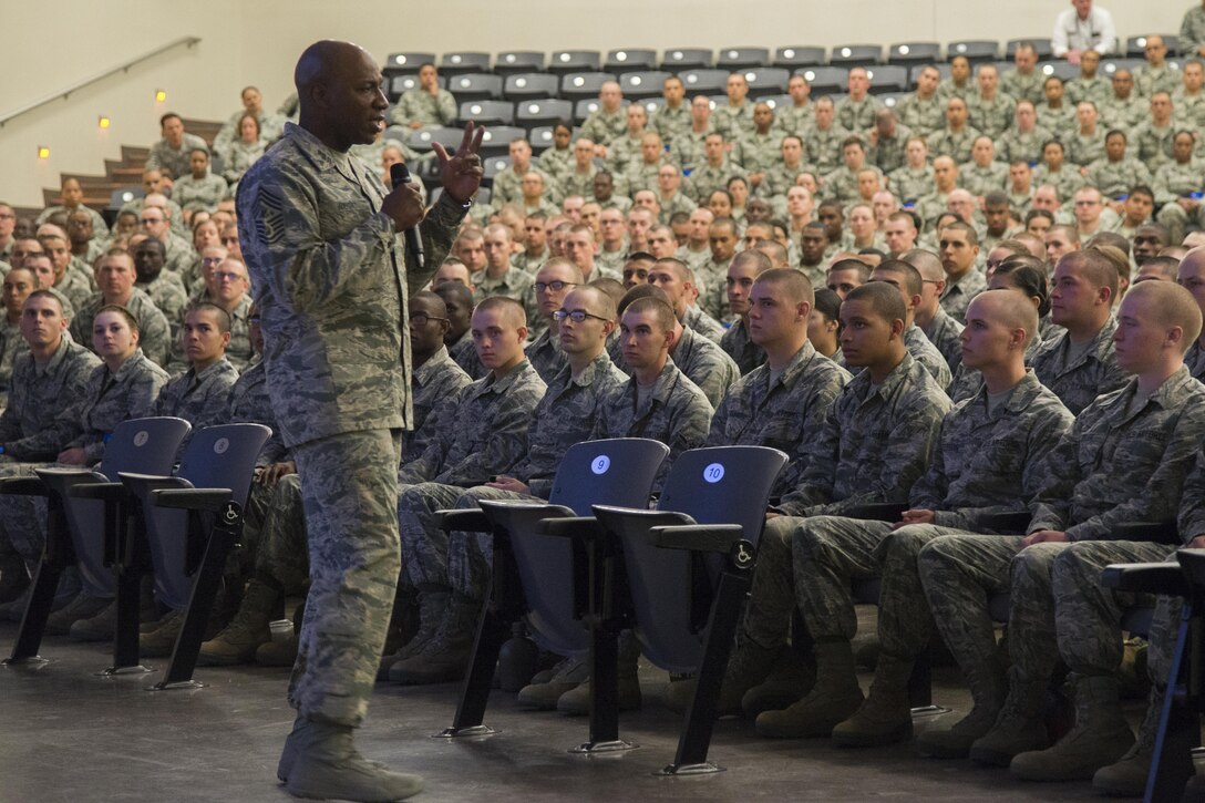 Chief Master Sgt. of the Air Force Kaleth O. Wright delivers a speech to Airmen from the 326th Training Squadron May 3, 2017, inside the Pfingston Reception Center auditorium at Joint Base San Antonio-Lackland. The CMSAF visited JBSA-Lackland on his initial immersion tour of Air Force Basic Military Training and Airmen’s Week, a week-long discussion-based course designed to help new Airmen internalize the Air Force core values while developing professionalism, resiliency and an Airmen’s corps inspired by heritage and motivated to deliver Air Power for America. (U.S. Air Force photo by Airman Dillon Parker)