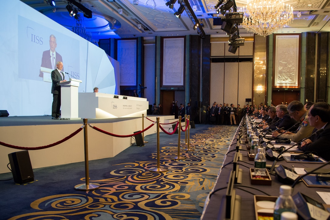 Defense Secretary Jim Mattis delivers a speech during the Shangri-La Dialgue in Singapore on June 3, 2017. DoD photo by Air Force Staff Sgt. Jette Carr