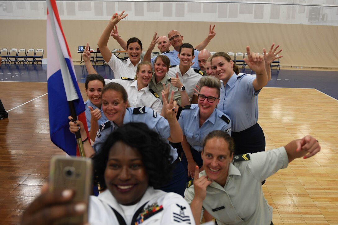 170603-N-UK306-192 JACKSONVILLE, Fla. (June 3, 2017)  Compeititors take part in the opening ceremony of the 18th Conseil International du Sport Militaire (CISM) World Military Women's Volleyball Championship at Naval Station Mayport.  Teams from the United States, Canada, China, Germany and The Netherlands will compete June 4-9, while promoting peace activities and solidarity among athletes. (U.S. Navy photo by Mass Communication Specialist 2nd Class Timothy Schumaker/Released)