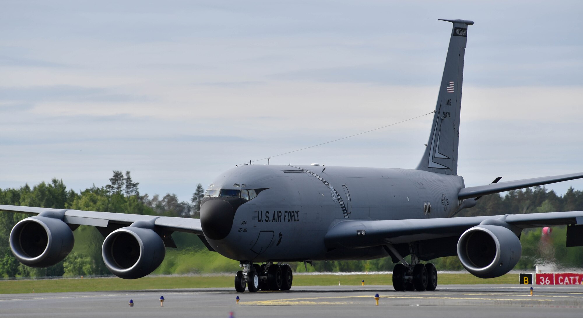A U.S. Air National Guard KC-135 Stratotanker taxis on a runway after landing on Riga International Airport, Latvia, for exercise Saber Strike 2017, June 4, 2017. Two KC-135s flying out of Selfridge Air National Guard Base, Mich., landed at the airport carrying approximately 50 Airmen to participate in Saber Strike 2017. (U.S Air Force photo by Senior Airman Tryphena Mayhugh)