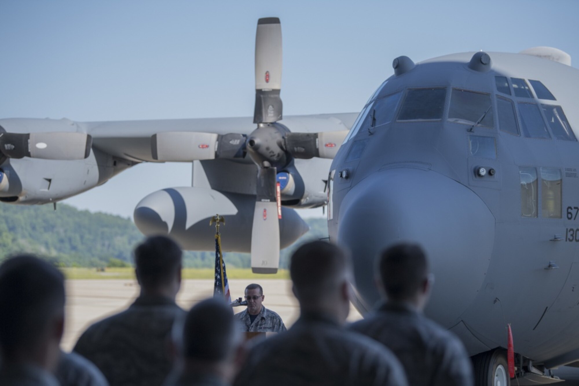 Newly promoted Chief Master Sgt. John Lowe talks to members of the 130th Aircraft Maintenance Squadron during his promotion ceremony to held June 3, 2017 at McLaughlin Air National Guard Base, Charleston, W.Va. Lowe is a veteran aircraft maintainer who most recently served as 130th Aircraft Maintenance Squadron’s A flight supervisor. (U.S. Air National Guard photo by Capt. Holli Nelson)