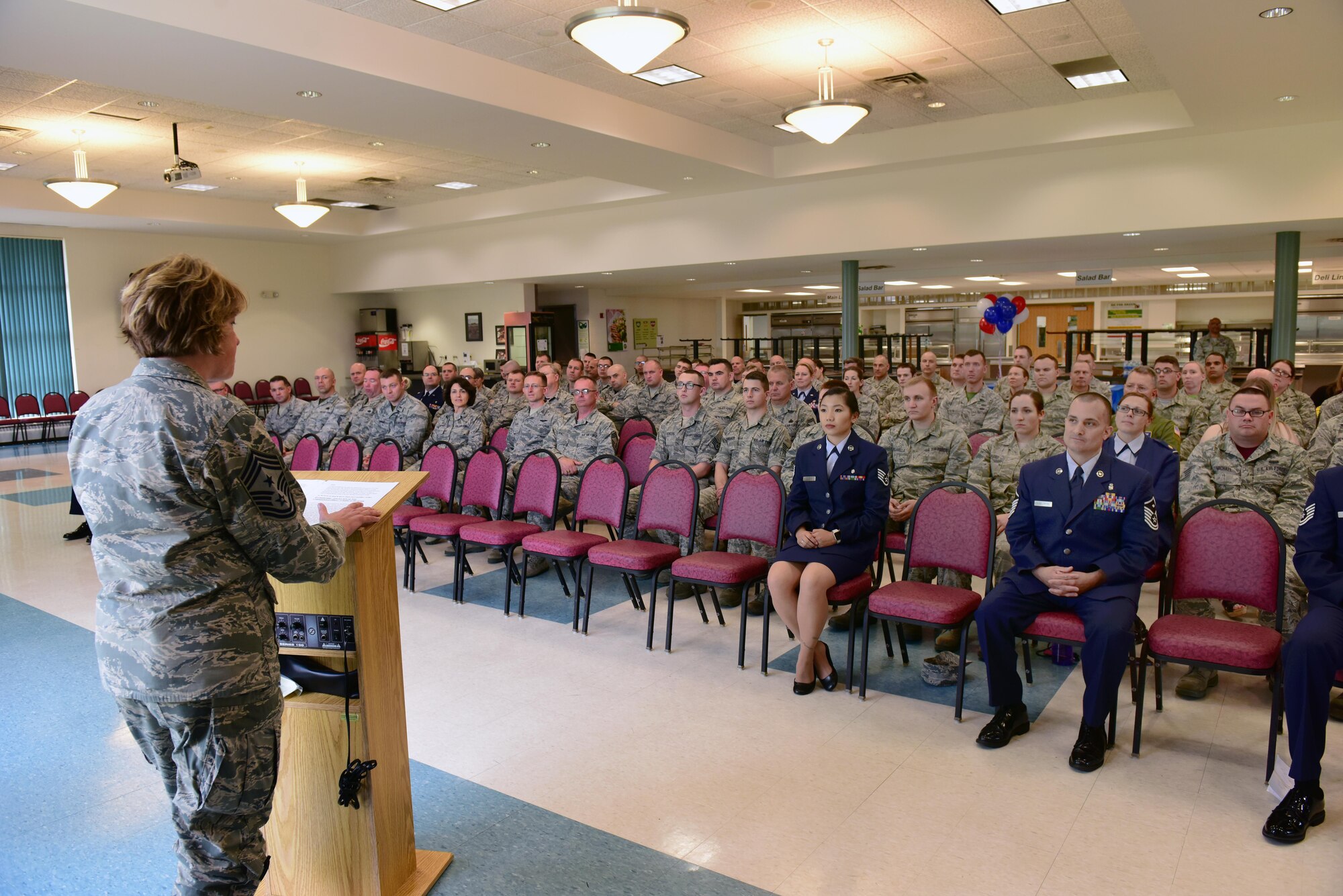 New York Air National Guard Command Chief Master Sgt. Amy Giaquinto addresses attendees of the first Non-Commissioned Officer induction ceremony held at Stratton Air National Guard Base, Scotia, New York on June 3, 2017.  The induction ceremony recognizes Airmen who were promoted to staff sergeant between May 1, 2016 and May 15, 2017. More than 30 Airmen were recognized during the ceremony. (U.S. Air National Guard photo by Staff Sgt. Benjamin German/Released)