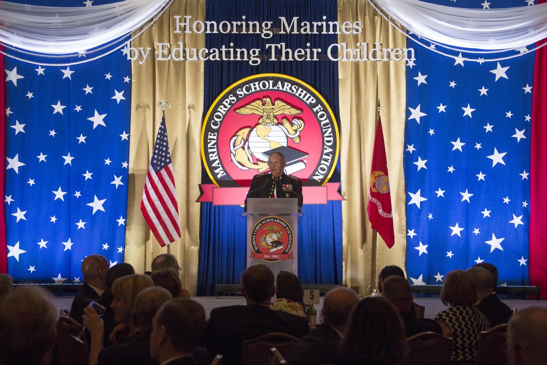 Commandant of the Marine Corps Gen. Robert B. Neller speaks during the Marine Corps Scholarship Foundation (MCSF) Celebration Gala at the Omni Shoreham Hotel, Washington, D.C., June 3, 2017. The MCSF provides financial aid to military children attending post-high school, undergraduate, and career technical education programs. 