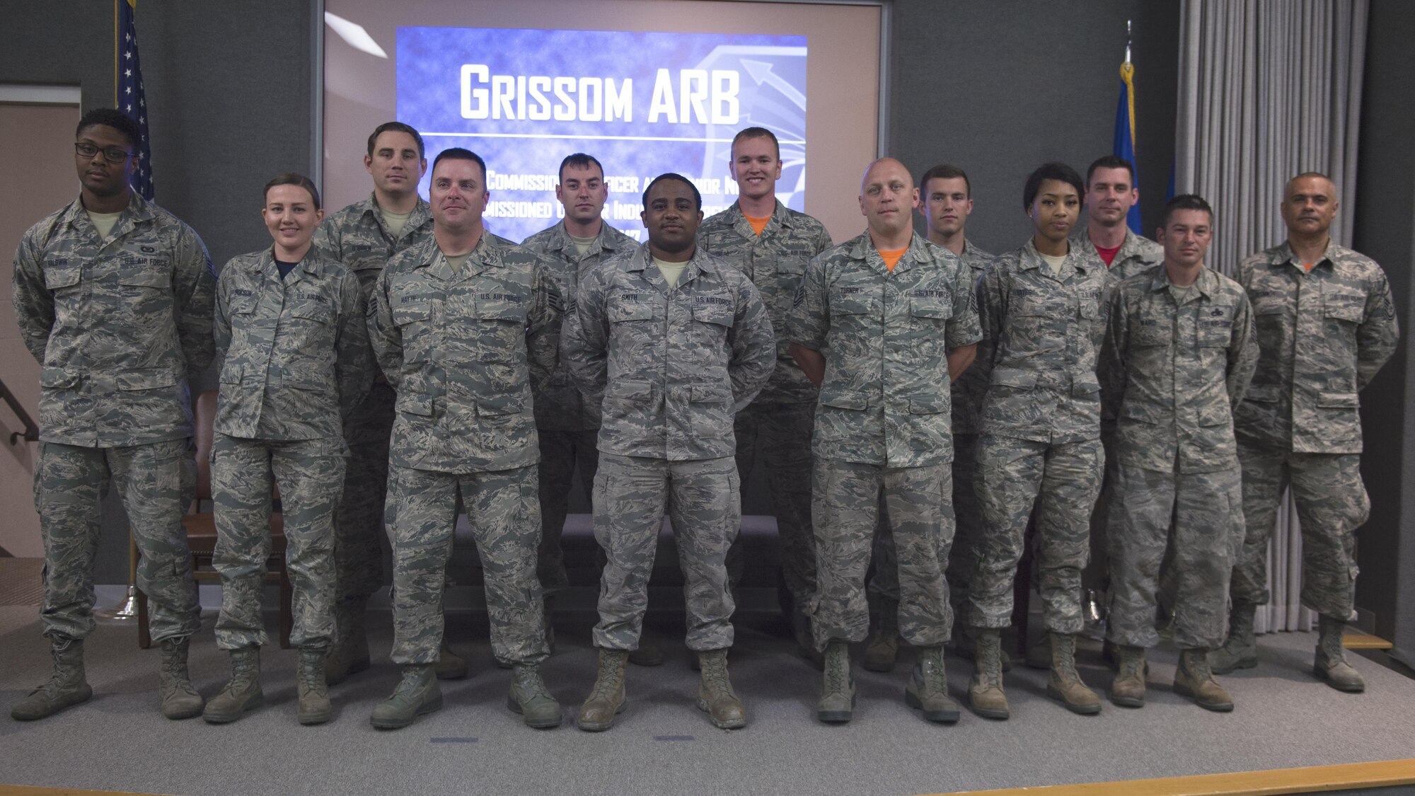 Airmen pose during a quarterly NCO, SNCO induction ceremony at Grissom Air Reserve Base, Ind. June 3,  2017. The ceremony is a time honored tradition that recognized Airmen as they toke the next step in their careers becoming non-commissioned officers and senior NCOs. (U.S. Air Force photo/Staff Sgt. Katrina Heikkinen)