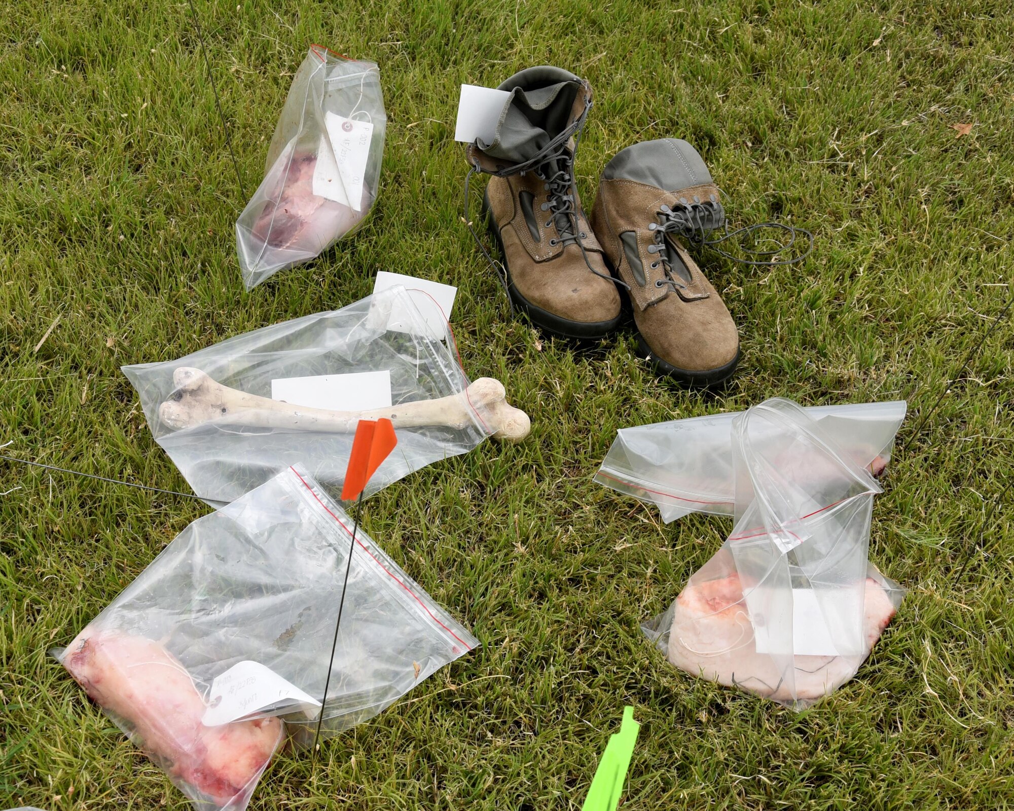 "Debris" is gathered after a Search and Recovery Exercise, June 3, 2017, at McConnell Air Force Base, Kan. Airmen of the 931st and 22nd Force Support Squadron teamed for the first time for a Search and Recovery Exercise (U.S. Air Force photo by Tech. Sgt. Abigail Klein)
