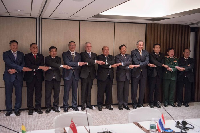 Defense Secretary  Jim Mattis and defense ministers from the Association of South East Asian Nations stand together during the Shangri-La Dialogue in Singapore, June 4, 2017. DoD photo by Navy Petty Officer 2nd Class Dominique A. Pineiro