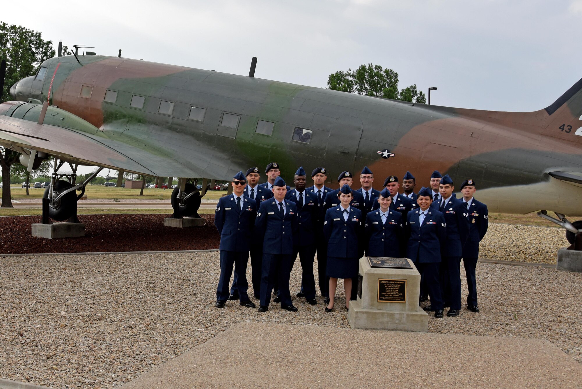 Airman leadership school class 17-D stands before a static plane display on Goodfellow Air Force Base, Texas, May, 23, 2017. ALS is a 6-week course designed to prepare senior airmen to assume supervisory duties, offering instruction in the practice of leadership and followership, written and oral communicative skills, and the profession of arms. (U.S. Air Force photo by Staff Sgt. Joshua Edwards/Released)