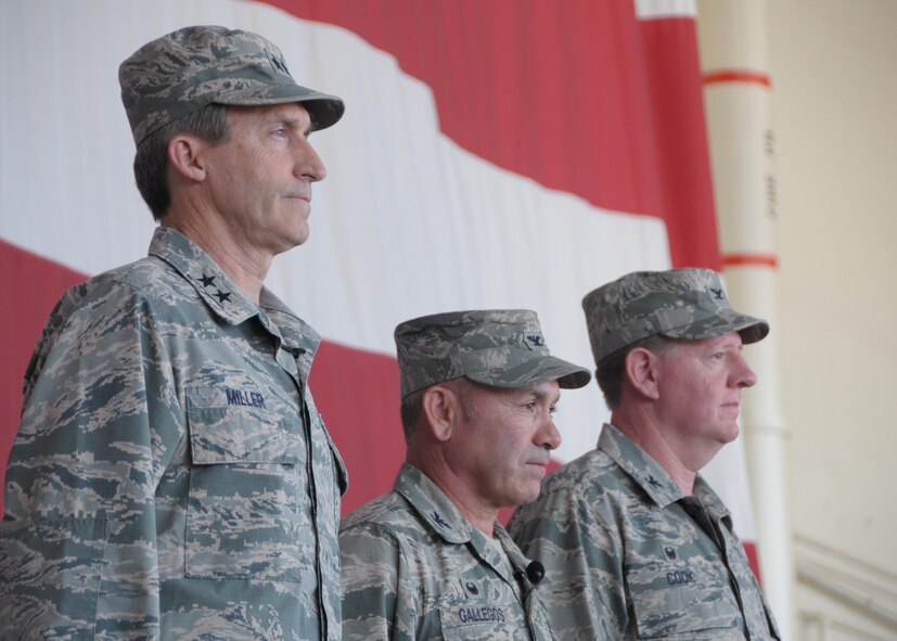 From left to right: Maj. Gen. Ronald Miller, 10th Air Force commander, Col. Kurt Gallegos, 944th Fighter Wing commander, and Col. Bryan Cook, 944 FW vice commander, stand at attention June 3 during a Change-of-Command ceremony at Luke Air Force Base, Ariz. (U.S. Air Force photo by Tech Sgt. Nestor Cruz)