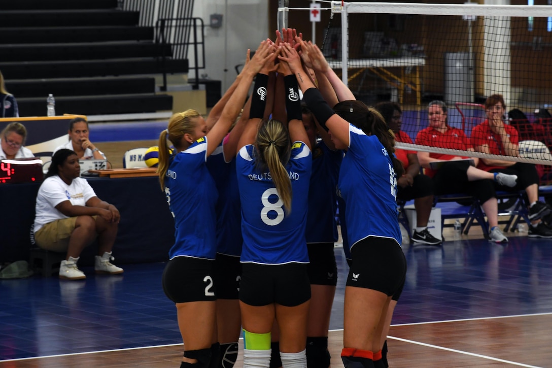 German Women's Volleyball Team celebrates their victory over Canada in match 2 of the 18th Conseil International du Sport Militaire (CISM) World Women's Military Volleyball Championship at Naval Station Mayport, Florida on 4 June 2017. Mayport is hosting the CISM Championship from 2-11 June.  Finals are on 9 June.