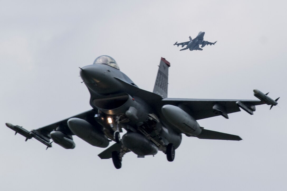 F-16 Fighting Falcons assigned to the 36th Fighter Squadron, Osan Air Base, Republic of Korea approach Yokota Air Base, Japan, June 1, 2017. Fifteen F-16s landed at Yokota en route to Alaska to participate in exercise Red Flag.  (U.S. Air Force photo by Yasuo Osakabe/Released)