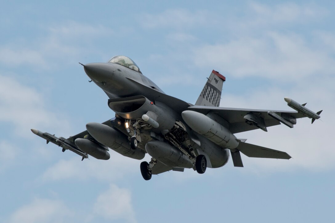 An F-16 Fighting Falcon assigned to the 36th Fighter Squadron, Osan Air Base, Republic of Korea approaches Yokota Air Base, Japan, June 1, 2017. Fifteen F-16s landed at Yokota en route to Alaska to participate in exercise Red Flag.  (U.S. Air Force photo by Yasuo Osakabe/Released)