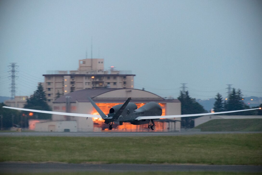 An RQ-4 Global Hawk assigned to the 69th Reconnaissance Group Detachment 1, takes off at Yokota Air Base, Japan, June 1, 2017. The Global Hawk supports U.S. intelligence, surveillance and reconnaissance priorities, operational plans, and contingency operations throughout the Pacific theater. (U.S. Air Force photo by Yasuo Osakabe)