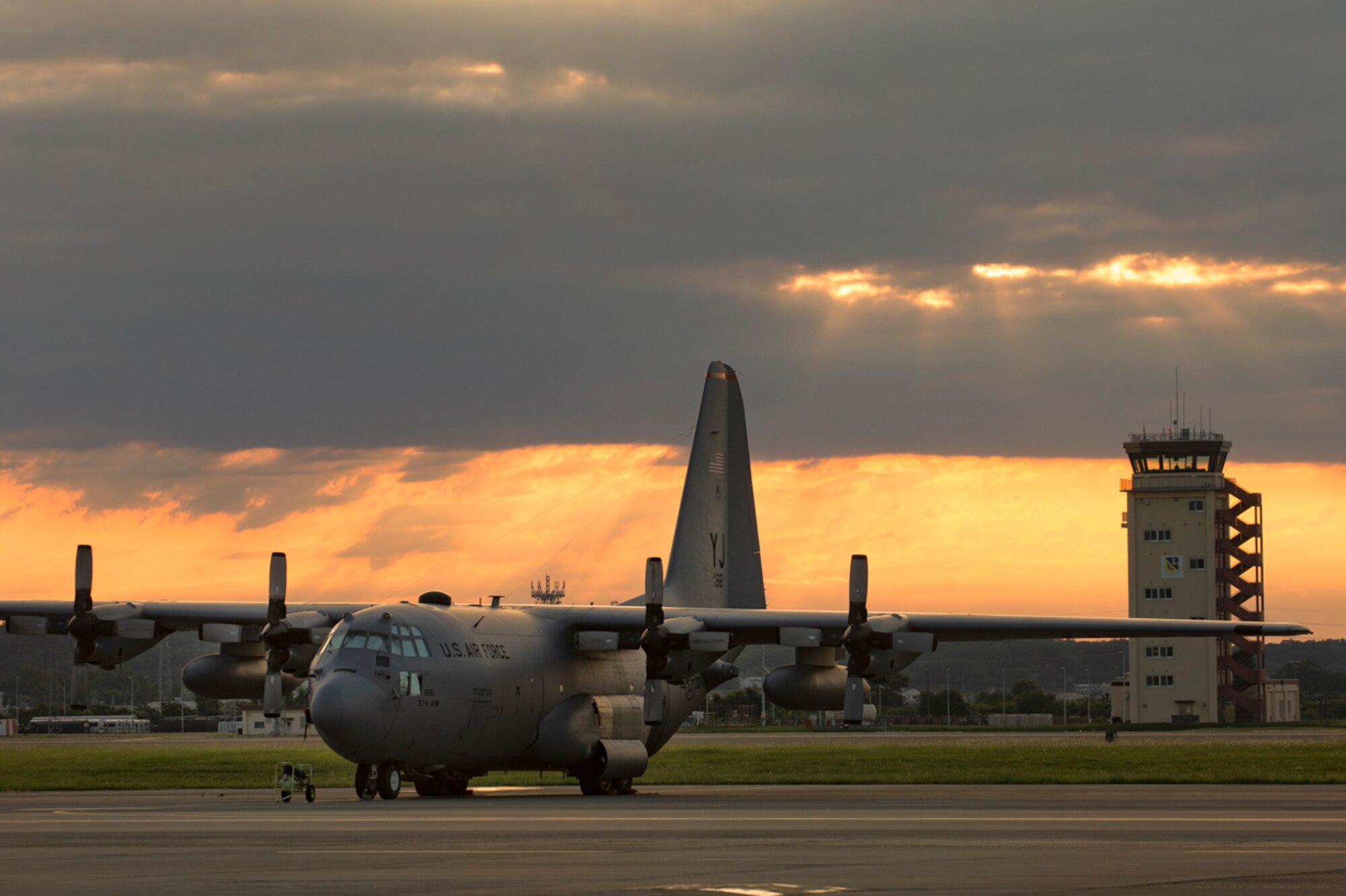 A C-130H Hercules assigned to the 36th Airlift Suqadron sits on the flightline at Yokota Air Base, Japan, June 4, 2017. (U.S. Air Force photo by Yasuo Osakabe)