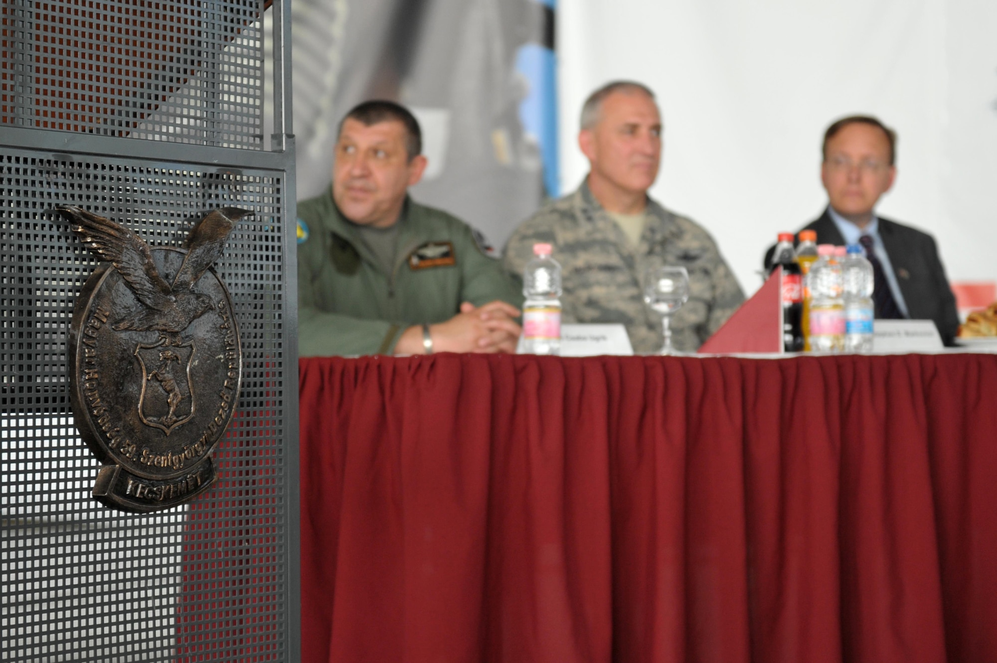 Brig. Gen. Csaba Ugrik, commander of 59th Air Base, Brig. Gen. Stephen Markovich, commander of the Ohio Air National Guard, and Mr. David Kostelancik, chargé d’ affaires for the U.S. Embassy in Hungary, listen as Gen. Tod Wolters speaks during a ceremony June 2, in Kecskemét, Hungary. Approximately 400 military members from the United States, Hungary, Croatia, Slovakia, Slovenia and Czech Republic, including 200 Airmen from the Ohio National Guard, are participating in the largest air-to-air and air-to-ground exercise in Hungary, focused on conducting military-to-military engagements, interoperability and maintaining joint readiness.