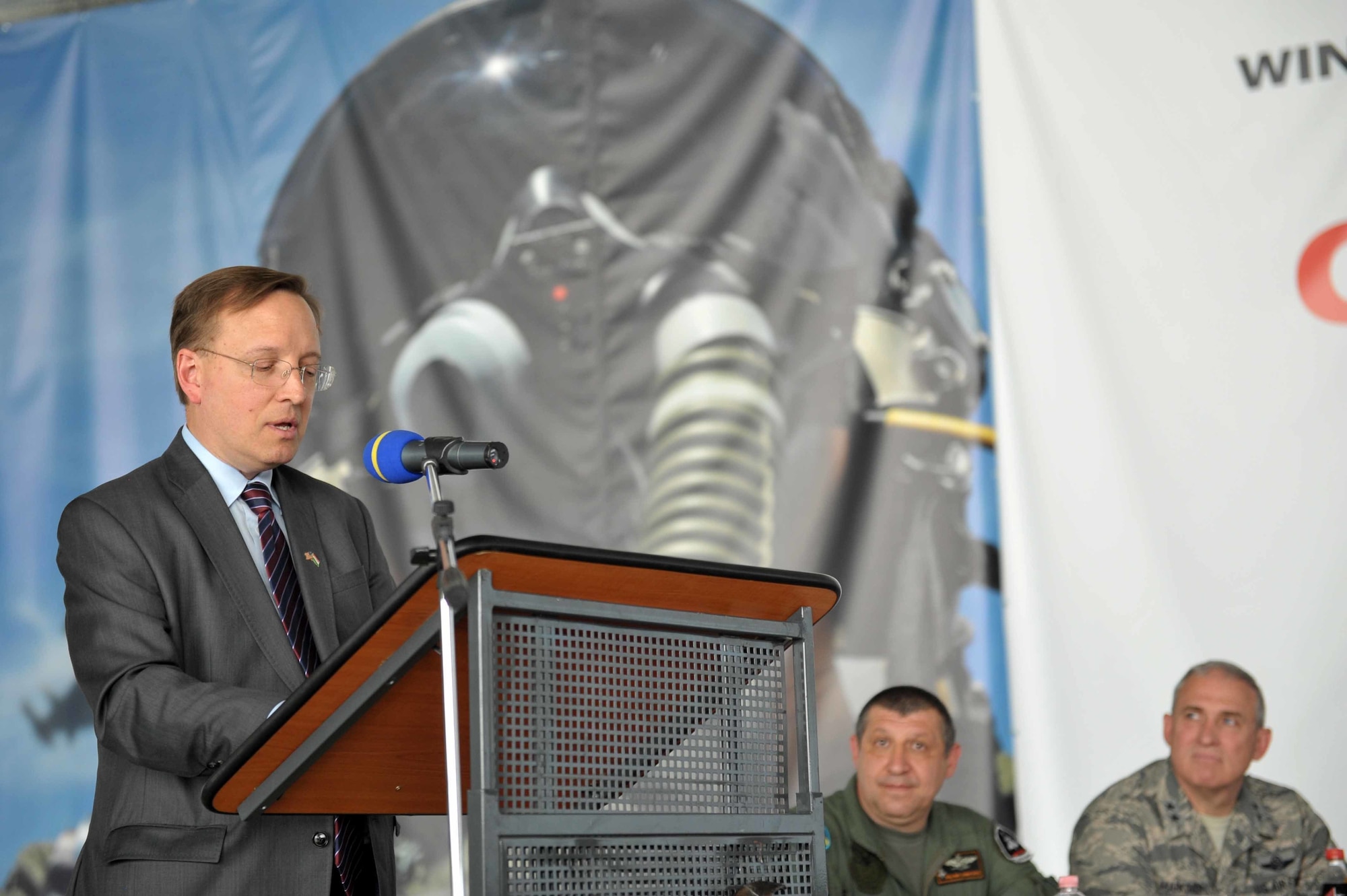 Mr. David Kostelancik, chargé d’ affaires for the U.S. Embassy in Hungary, speaks to military forces participating in Exercise Load Diffuser ’17 on June 2, at the 59th Air Base in Kecskemét Hungary. The exercise, which kicked off on Monday, May 22 and will conclude June 9, is the first Load Diffuser Exercise in Hungary in seven years and only the third of its kind in the two-decade partnership between Hungary and the Ohio National Guard.