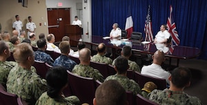 MANAMA, Bahrain (June 1, 2017) Vice Adm. Kevin M. Donegan, commander of U.S. Naval Forces Central Command, delivers remarks to the audience before signing an agreement to increase coordination for anti-submarine warfare activities between the France, the U.S. and the United Kingdom. The agreement follows the signing of a trilateral cooperation agreement by the Chief of Naval Operations Adm. John Richardson, the First Sea Lord of the United Kingdom Adm. Sir Philip Jones and French Chief of Naval Staff Adm. Christophe Prazuck in London on March 27. (U.S. Navy photo by Mass Communications Specialist 2nd Class Victoria Kinney/Released) 