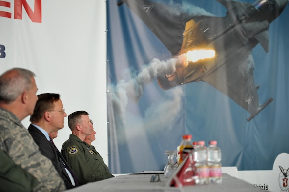 Brig. Gen. Csaba Ugrik, commander of 59th Air Base, Brig. Gen. Stephen Markovich, commander of the Ohio Air National Guard, Mr. David Kostelancik, chargé d’ affaires for the U.S. Embassy in Hungary, Gen. Tod Wolters, commander of the United States Air Forces in Europe and Air Forces Africa, Lt. Gen. Zoltan Orosz, PhD., deputy chief of defence for the Hungarian Defence Forces, and Brig. Gen. Albert Sáfár, chief of air forces for the Hungarian Defence Forces attended the Distinguished Visitor Day at the 59th Air Base in Kecskemét, Hungary, on June 2. Approximately 400 military members from the United States, Hungary, Croatia, Slovakia, Slovenia and Czech Republic, including 200 Airmen from the Ohio National Guard, are participating in the largest air-to-air and air-to-ground exercise in Hungary, focused on conducting military-to-military engagements, interoperability and maintaining joint readiness.