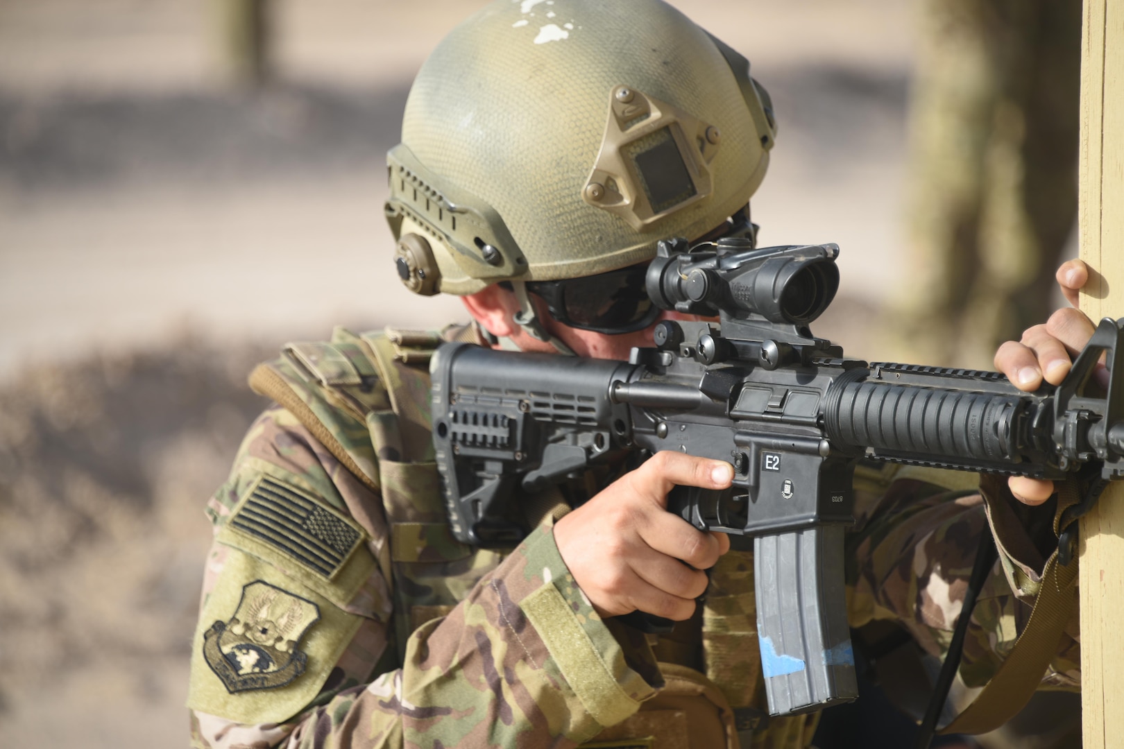 An Air Force explosive ordnance disposal technician provides cover for his teammates during a joint service EOD field training exercise at an undisclosed location in Southwest Asia, May 23, 2017. EOD teams from each of the four service branches, deployed to five different countries across the AOR, gathered for joint service EOD training, which allowed for the exchange of tactics, techniques and procedures between service branches. (U.S. Air Force photo/Tech. Sgt. Jonathan Hehnly)