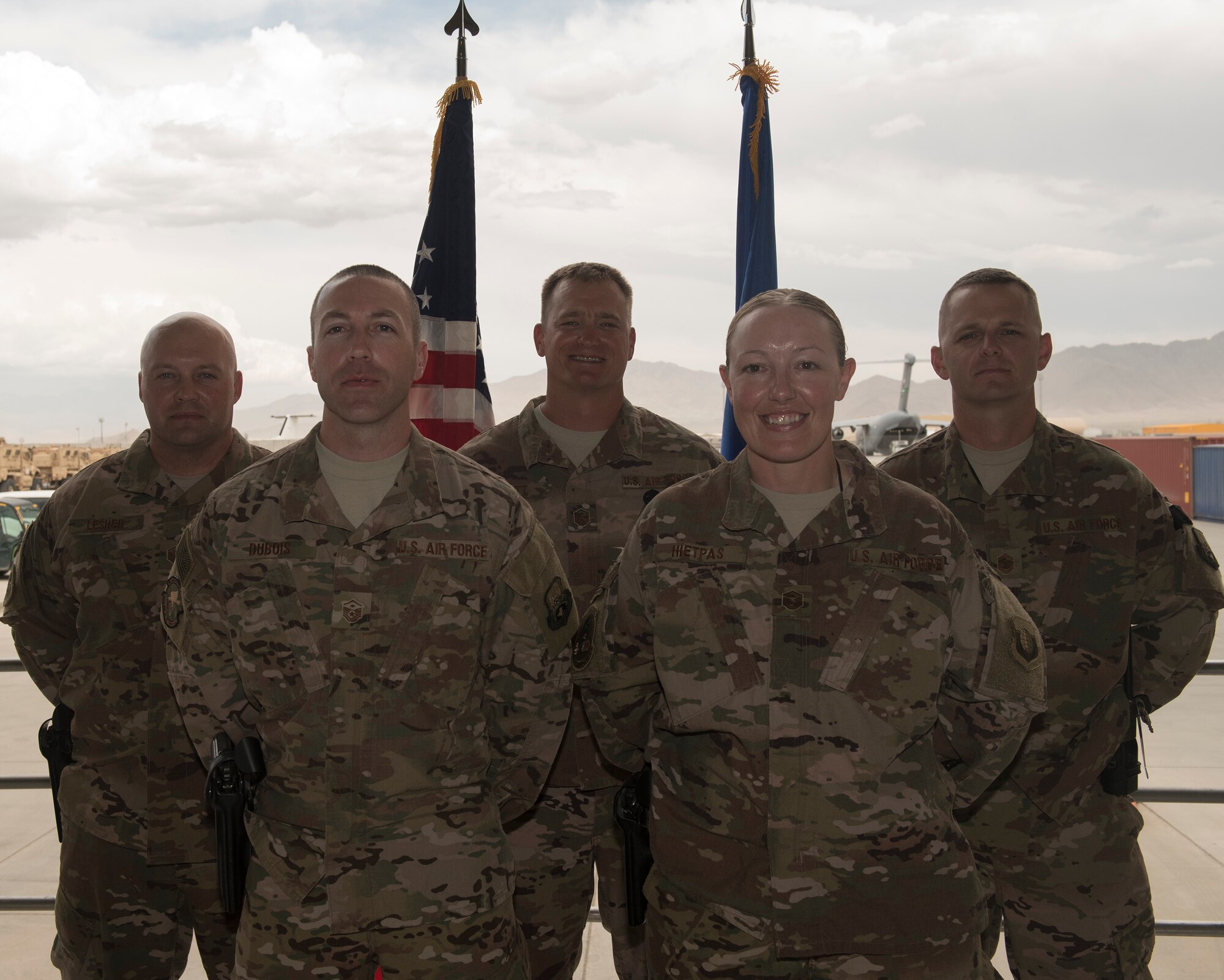 (From left to right) Master Sgt. Aaron Lesher, 455th Expeditionary Logistics Readiness Squadron, Master Sgt. Troy Dubois, 455th Expeditionary Security Forces Squadron, Master Sgt. James Pruitt, 455th Expeditionary Medical Group, Lisa Hietpas, 455th Expeditionary Operations Group, and Senior Master Sgt. Michael Martin, 455th Expeditionary Maintenance Squadron, are all first sergeants from Barksdale Air Force Base, La., who deployed to Bagram Airfield, Afghanistan, at the same time. (U.S. Air Force photo by Staff Sgt. Benjamin Gonsier)