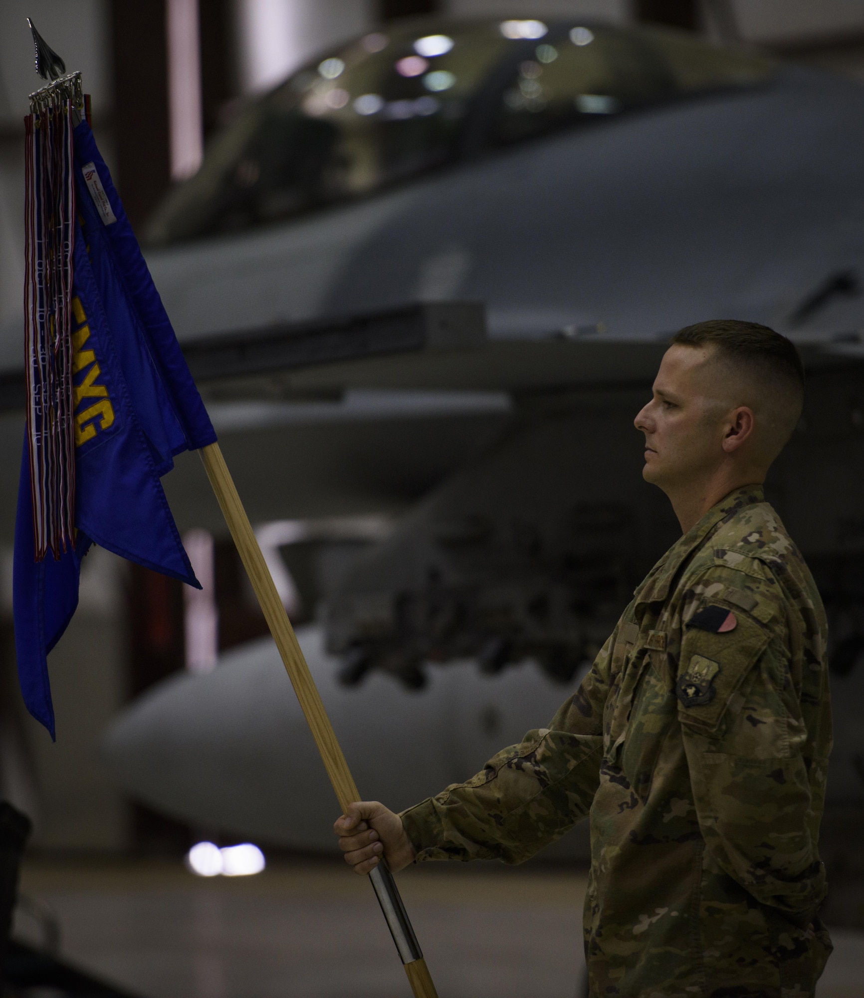 Senior Master Sgt. Michael Martin, the 455th Expeditionary Maintenance Squadron first sergeant, stands at parade rest during a change of command ceremony at Bagram Airfield, Afghanistan, May 30, 2017. Martin, who is the 2nd Munitions Squadron first sergeant at Barksdale Air Force Base, La., deployed to Bagram with four other first sergeants from Barksdale. (U.S. Air Force photo by Staff Sgt. Benjamin Gonsier)