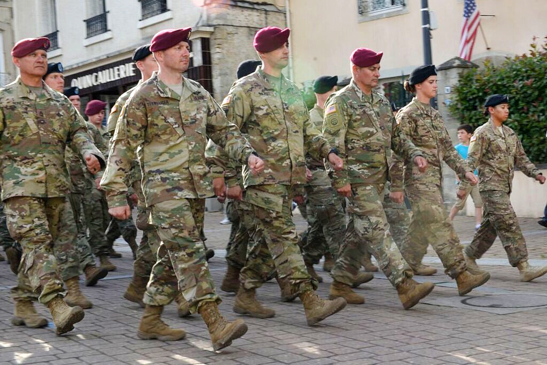 U.S. soldiers march through Carentan, France, during a D-Day commemoration ceremony, June 2, 2017. Air Force photo by Airman 1st Class Alexis C. Schultz