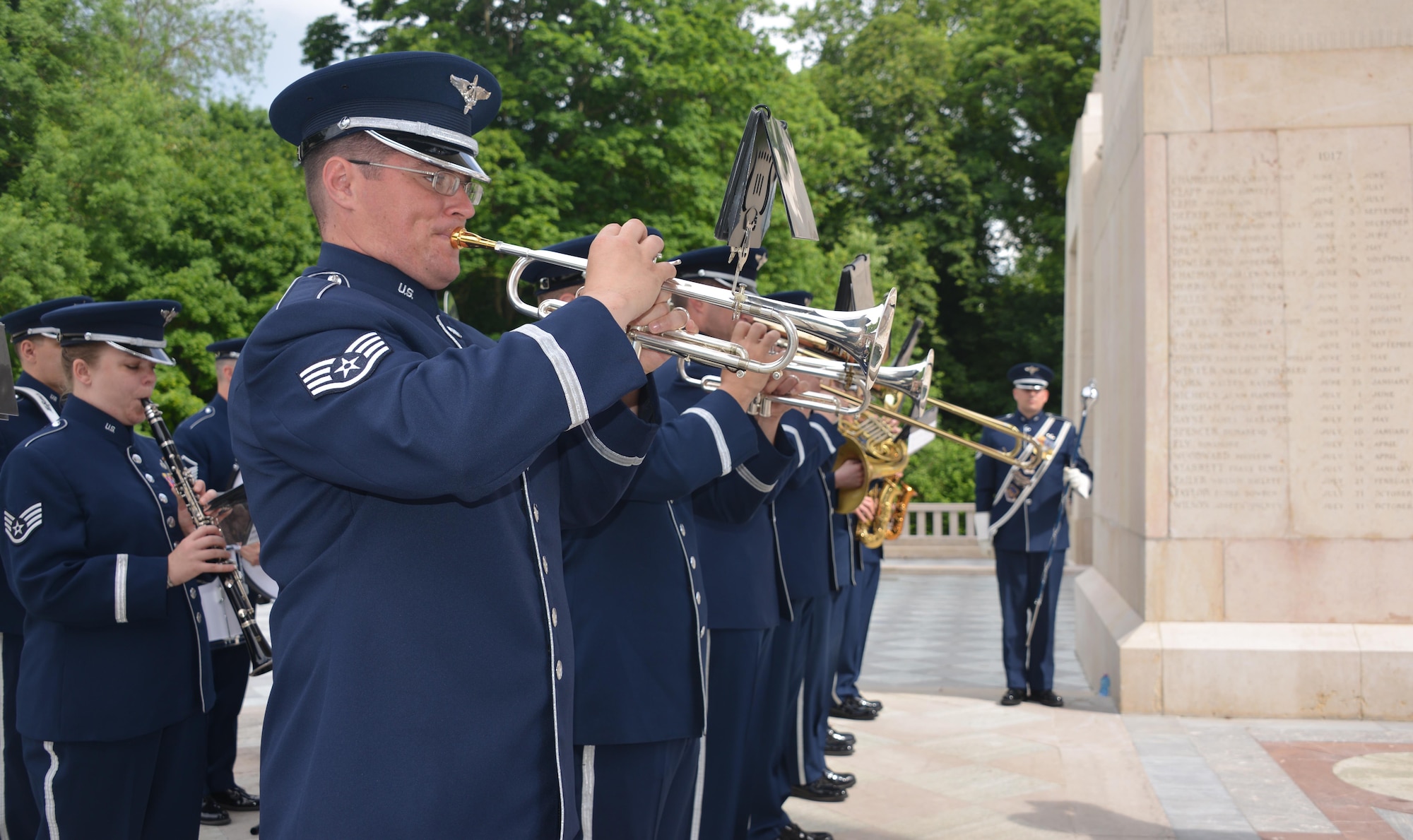 Airmen from the U.S. Air Forces in Europe Band play the national anthems of France and
the United States during a Memorial Day ceremony at the Lafayette Escadrille Memorial, in
Marnes-la-Coquette, France, May 28, 2017. This Memorial Day is especially signifcant because
2017 marks the centennial of United States’ entry into the First World War. (U.S. Air Force photo
by Capt. Ben Sowers/Released)