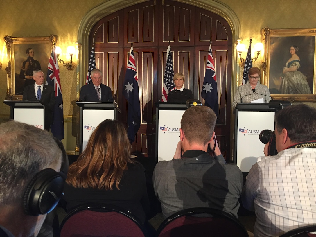 Defense Secretary Jim Mattis, Secretary of State Rex Tillerson, Australian Foreign Minister Julie Bishop and Australian Defense Minister Marise Ann Payne speak to the press about the Australia-U.S. Defense Ministerial Consultations held in Sydney, June 5, 2017. DoD photo by Jim Garamone