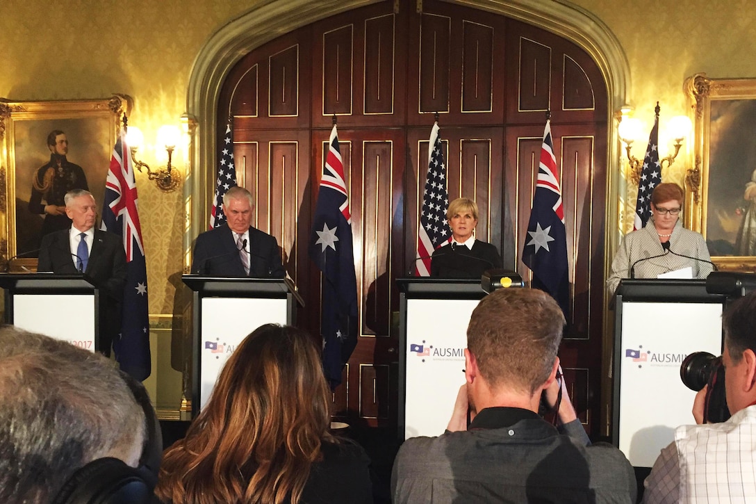 Defense Secretary Jim Mattis, Secretary of State Rex Tillerson, Australian Foreign Minister Julie Bishop and Australian Defense Minister Marise Ann Payne.