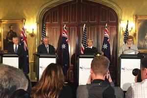 Defense Secretary Jim Mattis, Secretary of State Rex Tillerson, Australian Foreign Minister Julie Bishop and Australian Defense Minister Marise Ann Payne speak to the press.