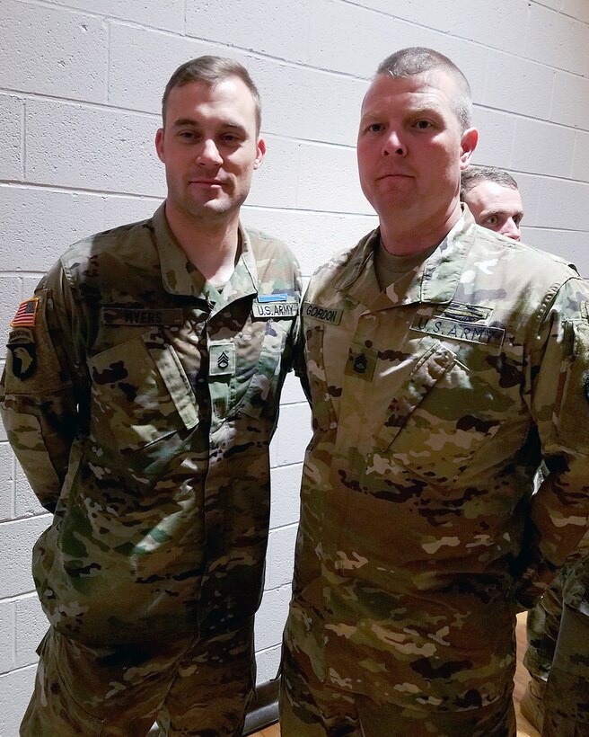 Army Reserve Staff Sgt. Clint Myers, a Kingsport, Tennessee native, stands with Sgt. 1st Class Eric Gordon after receiving his Expert Infantry Badge at McCrady Training Center in Eastover, S.C. on March 31, 2017. Myers earned the prestigious EIB after completing the two-week preparation course and grueling 5-day competition, which Gordon encouraged him to do. Myers started his EIB journey along with 122 other Soldiers. Upon completion of the competition, only 17 Soldiers earned the EIB, and Myers was the only Reserve Soldier among them. (U.S. Army Reserve Photo by Chaplain (Capt.) Caleb Wright/released)