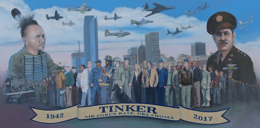 The artwork above was painted by Senior Master Sgt. Darby Perrin of the 507th Air Refueling Wing in honor of Tinker’s 75th anniversary. Lithographs of the commemorative painting, which features images representing both Tinker’s and Oklahoma’s heritage, are available at the Airman and Family Readiness Center. All proceeds from the sale of the lithographs will go to the Tinker Family Readiness Fund. (Courtesy photo)