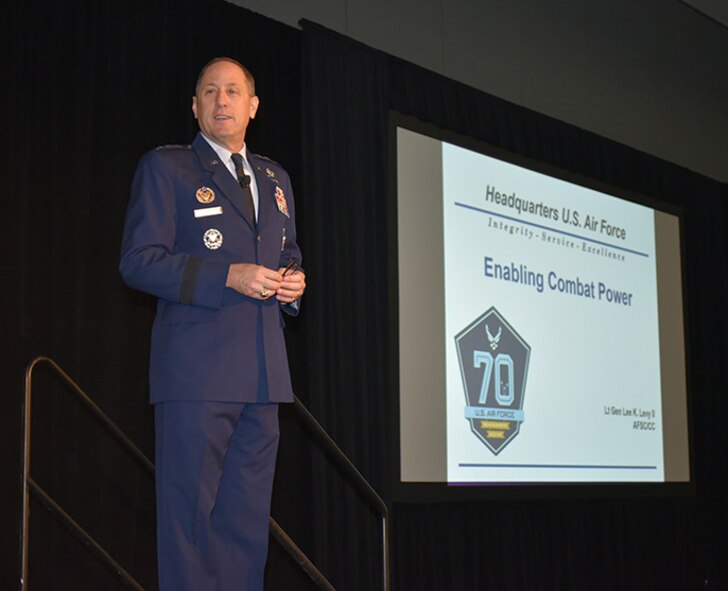 Lt. Gen. Lee K. Levy II, Air Force Sustainment Center commander, delivers the military keynote address at the MRO Americas Conference held April 25-27 at the Orange County Convention Center in Orlando. (Air Force photo by Darren D. Heusel)